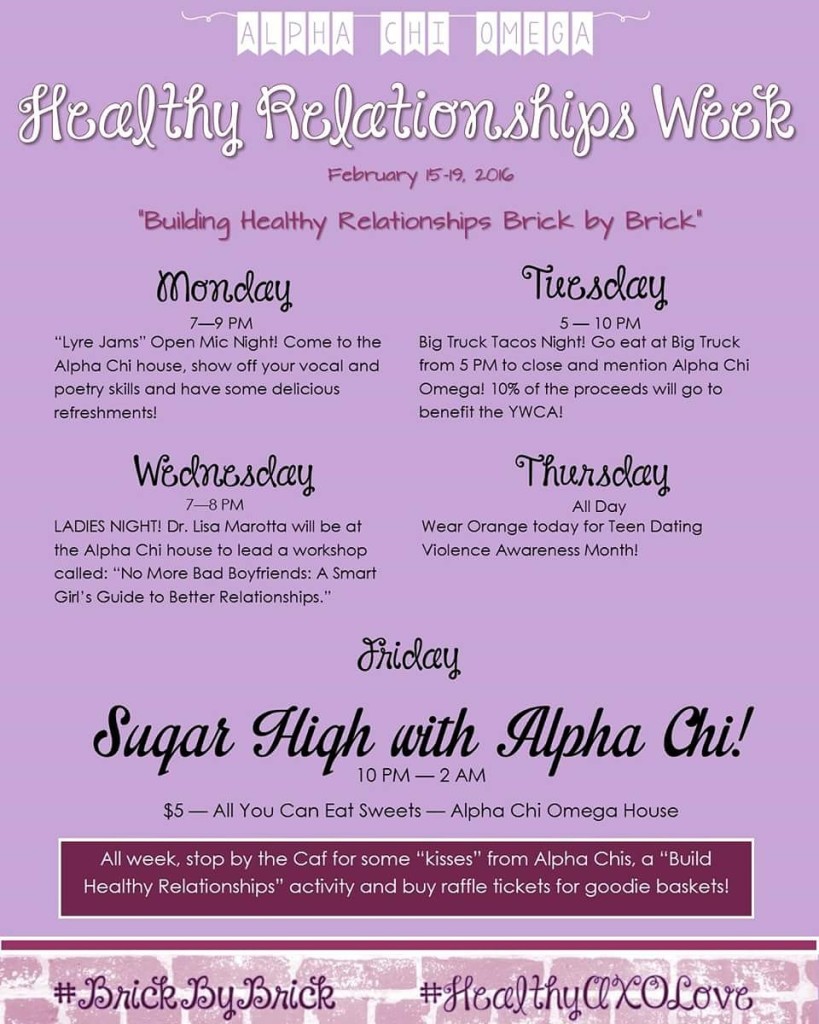 ocu_axoIt's finally here! Healthy Relationships Week starts TODAY and we're so excited! Come see us outside the caf all week and come to "Lyre Jams:" Open Mic Night tonight! 🎶